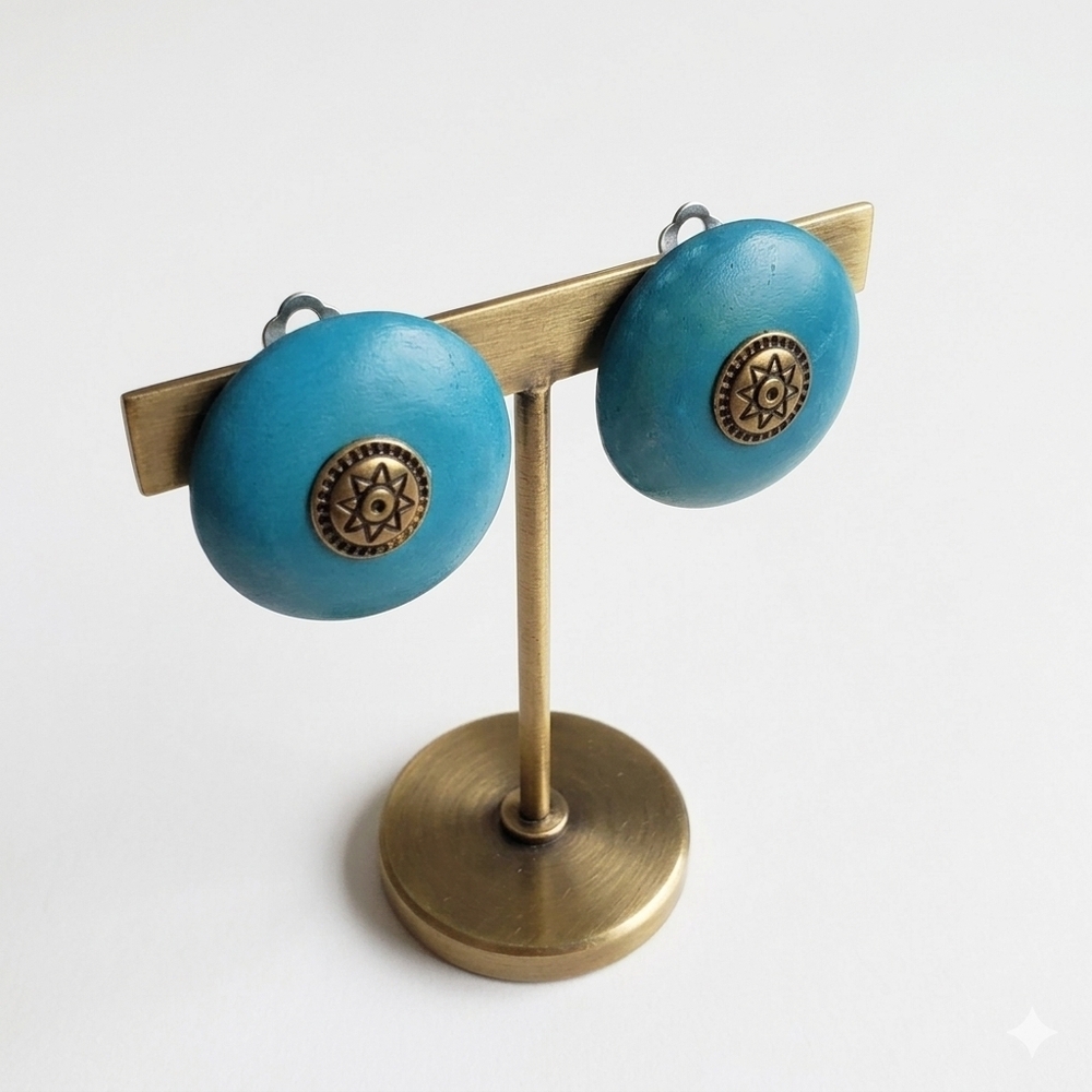 Artistic Button Earrings Clip On Turquoise Wood Brass Painted Vintage Handmade
